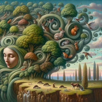 The primary subject of the image is a woman with long hair, who is depicted as a tree. She is surrounded by various animals, including birds, squirrels, and rabbits, which are all interacting with her. The setting is a lush, green forest, and the visual style is a combination of digital art and illustration. The colors and mood of the image are vibrant and lively, with a focus on the harmony between the woman and the animals in the forest.